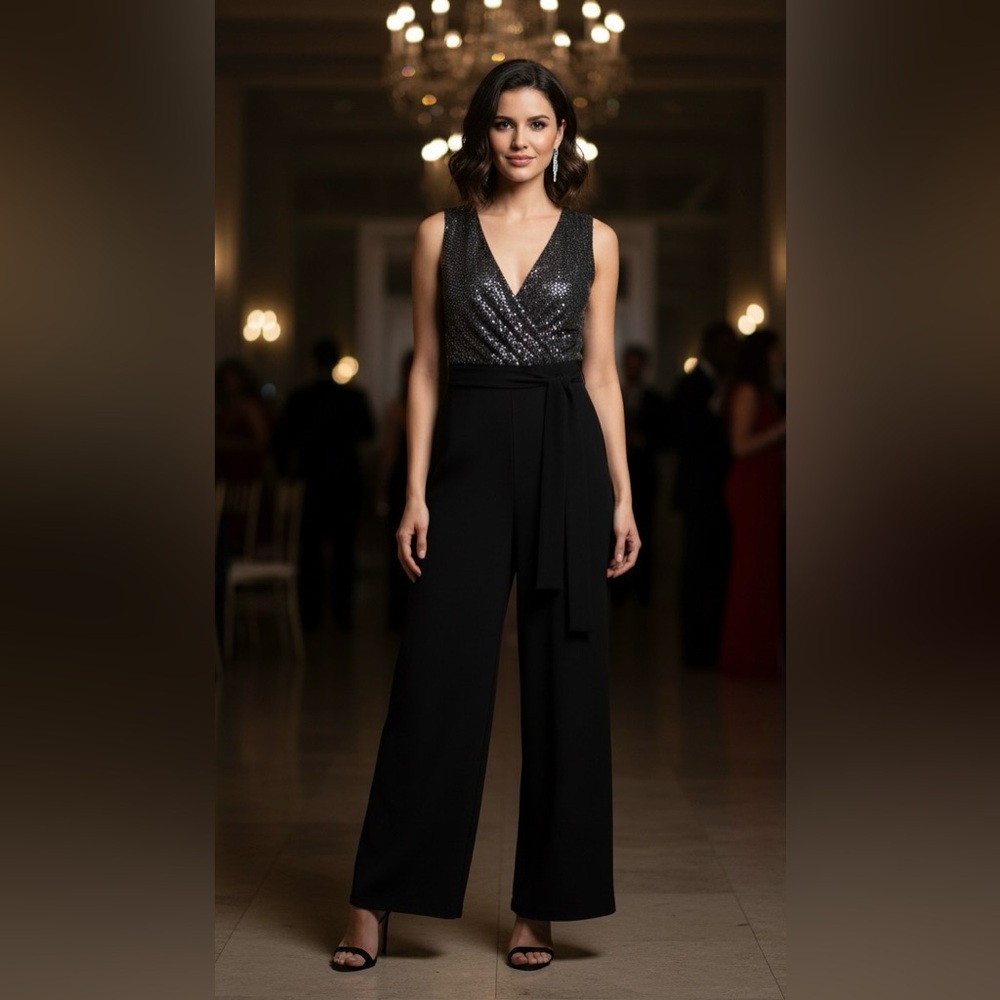 Suzy Shier Black Jumpsuit with Silver Sequin Top
